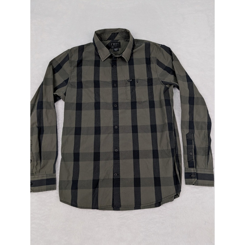 Fox Racing Shirt‎ Mens M Green/Black Plaid Long Sleeve Button Down *Hole